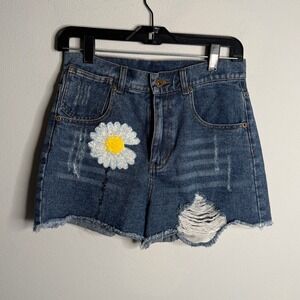 Miu Miu Women's‎ Medium Blue Distressed Denim Shorts Daisy Patch Ripped Designer